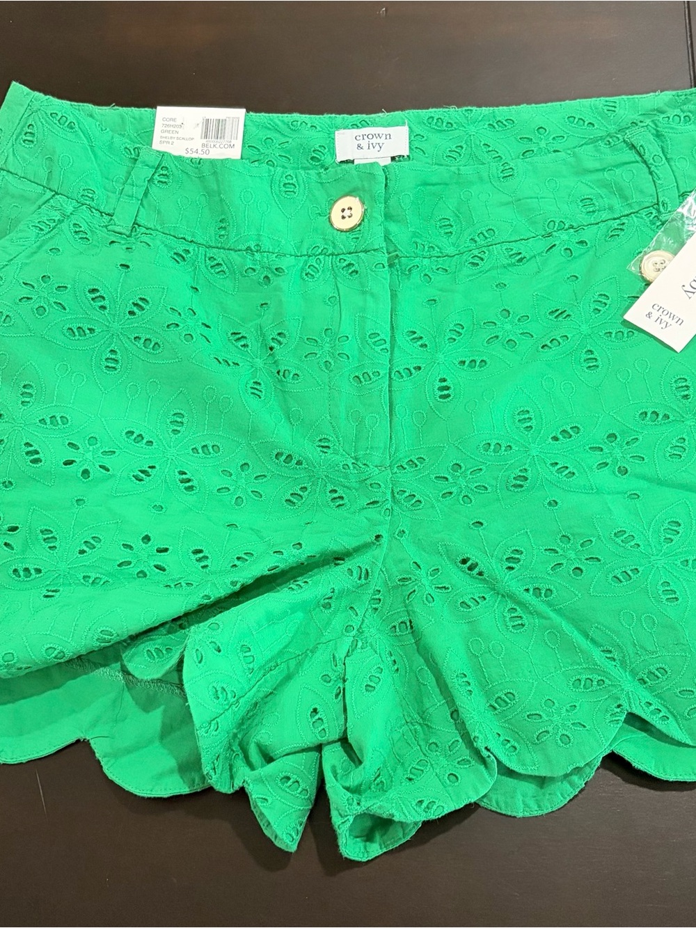 crown & ivy Shelby Bright Green Eyelet Scallop-Hem Low Waist Shorts